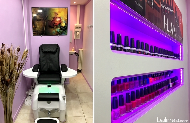 Chaise de pédicure du salon, sous une enseigne lumineuse